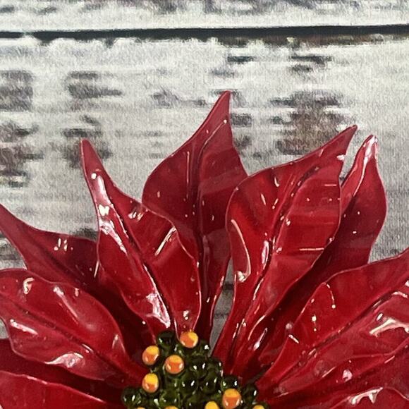 Vintage 60's Enamel Flower Poinsettia Brooch Pin Red Green Jewelry MCM Mod 5" - Picture 2 of 16
